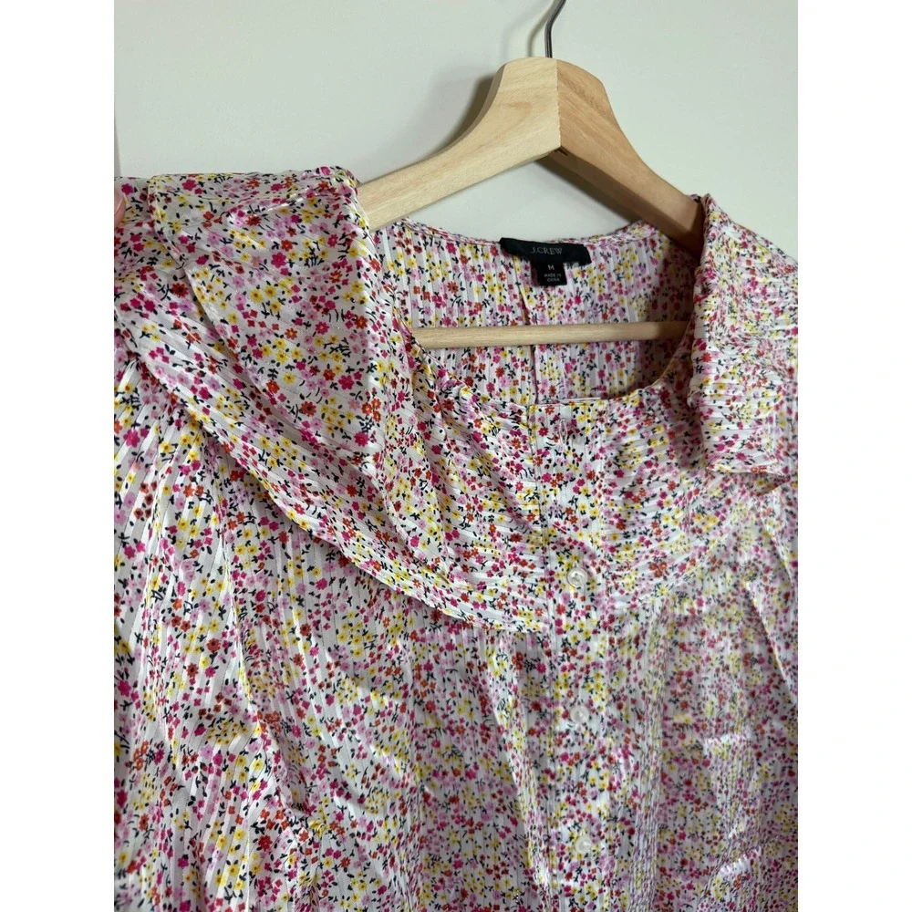 J.Crew Floral Ruffle Collar Pleated Button Up Blouse Pink Yellow Womens M NEW